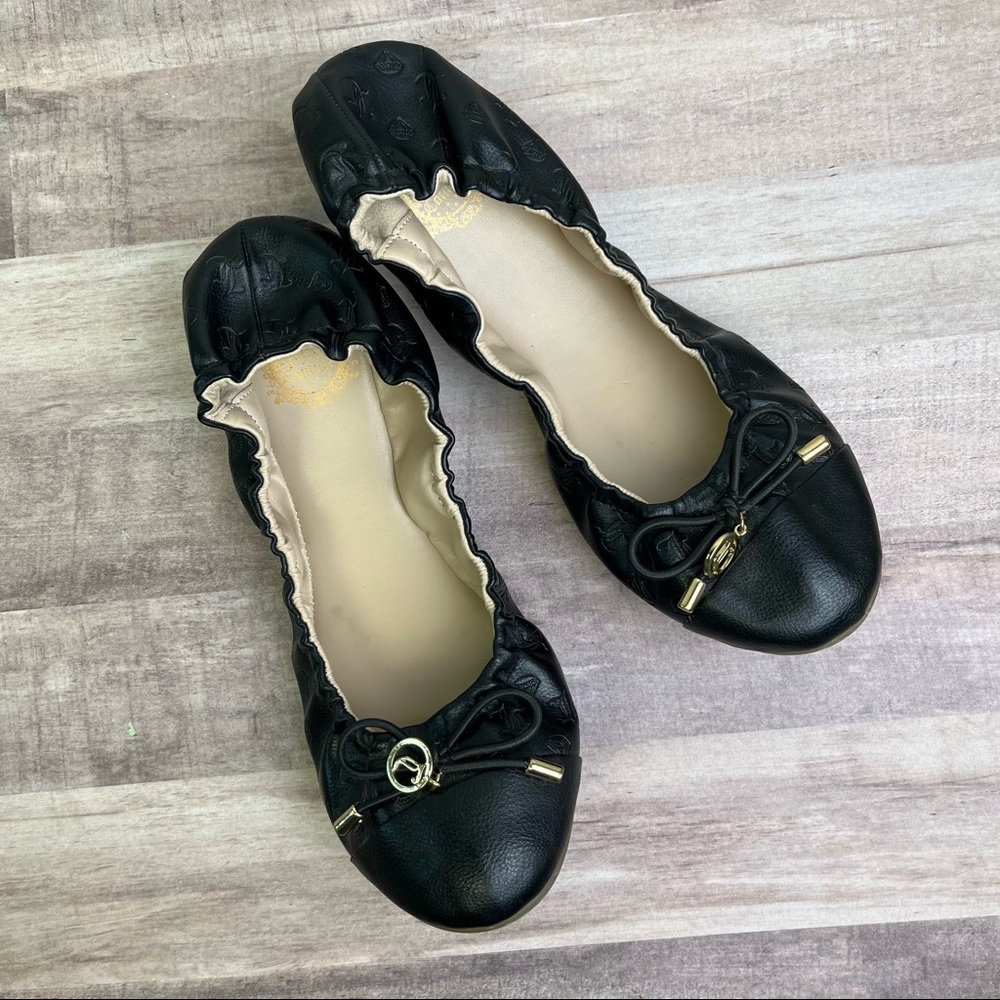 Juicy Couture Black Leather Logo Ballet Flats with Gold Accents size 7 - Picture 2 of 9